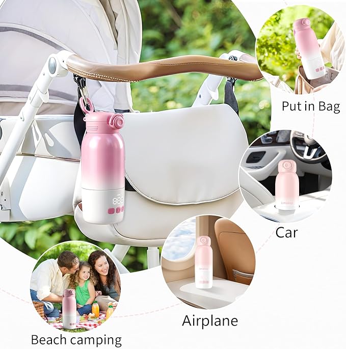 Portable Bottle Warmer, Large 12oz Capacity with Dual Heating Modes for Breast Milk & Water, Smart Temperature Control, Long Battery Life, Bottle Warmer for Outdoor, Airplane & Car Travel, Pink