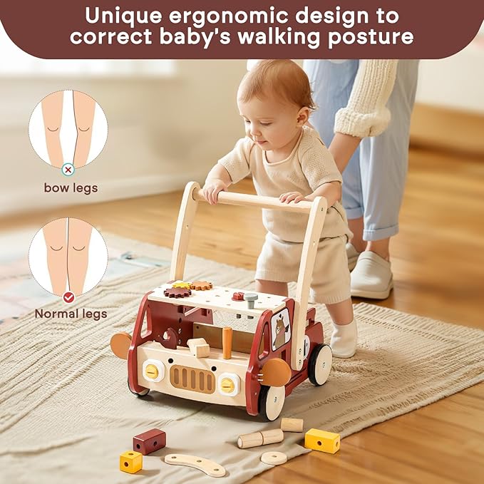 OESSUF 2-in-1 Wooden Baby Walker with 40 PCS Tool Toys – Baby Push Walker for 6-12 Months, Activity Center for Toddlers Aged 1-3 Years, Montessori Toy for Boys and Girls (Red)