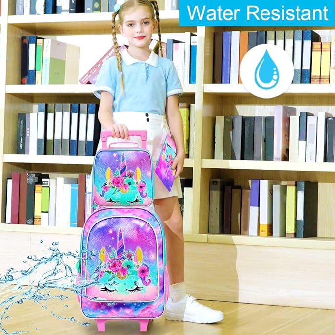 Girls Rolling Backpack, Cute Unicorn Roller Wheels Kids Bookbag - Wheeled Elementary School Bag - 3PCS Unicorn