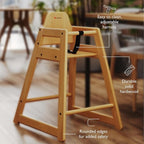 Foundations Neat Seat Wood Highchair for Restaurants, Easy to Clean, “No-tip” Feet, 3-point Safety Harness, Durable Hardwood, Small Footprint, Stackable (Natural)