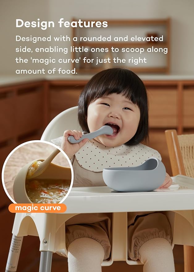 Konny Baby Bowl Microwaveable Silicone & Spoon Set, Self Feeding Essentials Baby Led Weaning Supplies -Raspberry Mousse