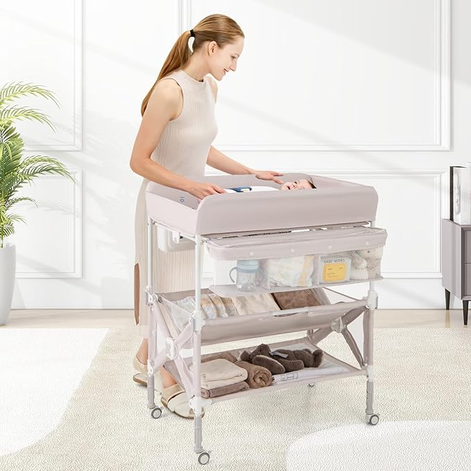 BABY JOY Portable Baby Changing Table, Foldable Waterproof Diaper Changing Station w/Wheels, Adjustable Height, Storage Basket, Shelves & Trash Bin, Mobile Nursery Organizer for Newborn Infant, Beige