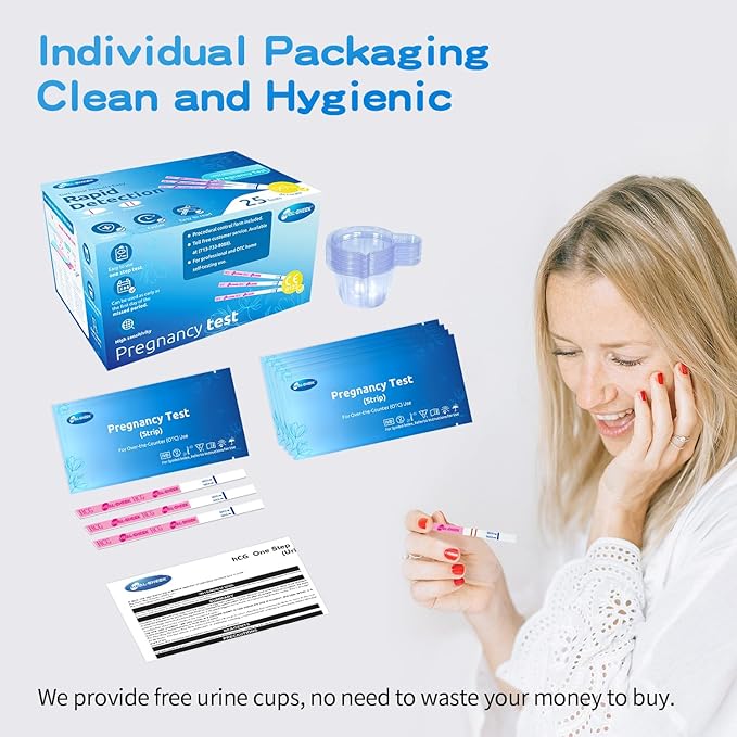 Pregnancy Tests with Cup, HEAL-CHECK Bulk Pregnancy Test Strips for Home Detection, Over 99% Accuracy, Individually Wrapped, Extra-Wide 5mm HCG Test Kit Comfortable Grip, 25 Count, Pruebas De Embaraz