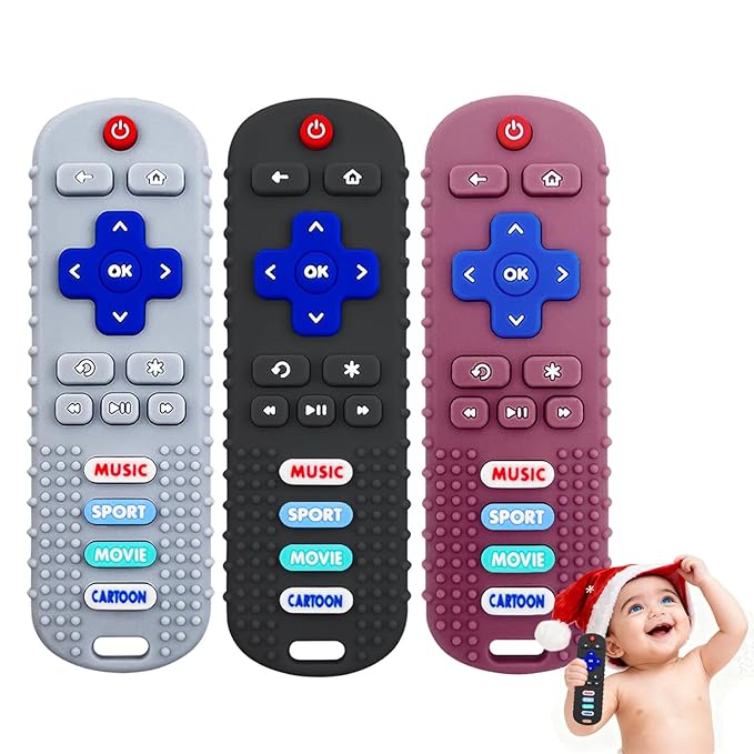 3 Pack Silicone Teething Toys - Teething Remote Control for Baby, BPA Free Baby Chew Toys & Easy to Hold Teether for Babies 6-12 Months, Soothing Gifts for Christmas (Black&Deep Red&Gray)