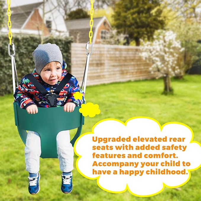 High Back Full Bucket Toddler Swing Seat with 3- Point Adjustable Safety Harness, 66 inch Detachable Chain,Suitable for Babies Aged 6-24 Months，Baby Swing for Swingset (Green)