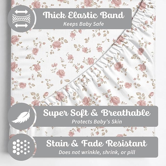 Baby Bassinet Sheets Girl (Juliette) 2-Pack - Fitted Bedside Bassinet Sheets - Buttery Soft Cotton Blend for Standard Bassinet Mattress Pad - Compatible with Halo Bassinest