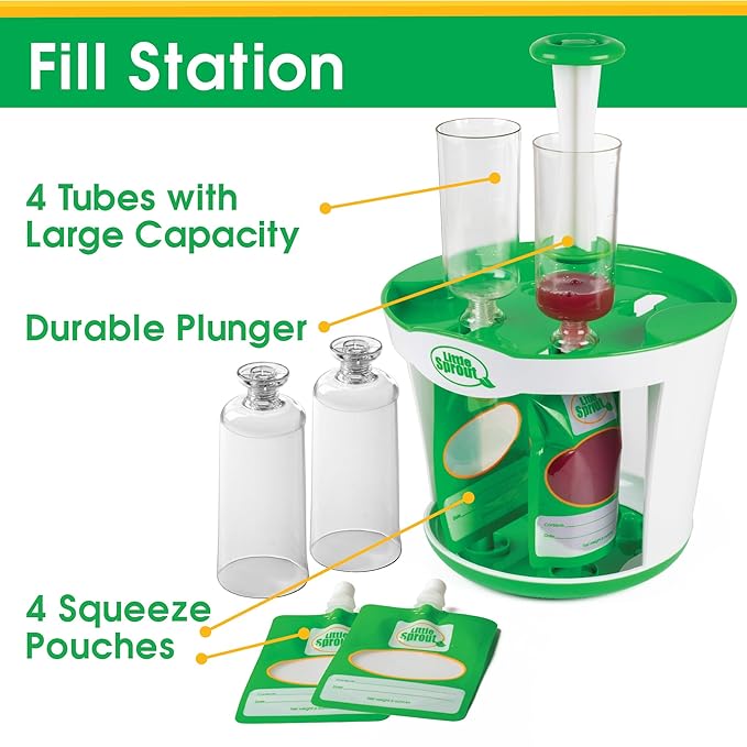 Baby Food Maker for Infants & Toddlers (11 Piece Set)- 4 6oz Food Squeeze Purees at Once w/Fill Station, Pouches, Funnel, Tubes & Plunger- Dishwasher Safe & BPA Free for Semi-Solid Food, Gift