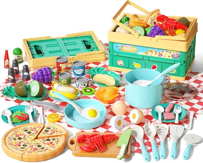 80Pcs Kitchen Playset, Toddler Pretend Cooking with Pots, Pans, Cookware, Food, Picnic Blanket, Fruits, Veges, Shopping Storage Basket, Dessert , Learning Gift for Girls Boys (Turquoise)