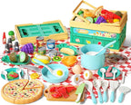 80Pcs Kitchen Playset, Toddler Pretend Cooking with Pots, Pans, Cookware, Food, Picnic Blanket, Fruits, Veges, Shopping Storage Basket, Dessert , Learning Gift for Girls Boys (Turquoise)