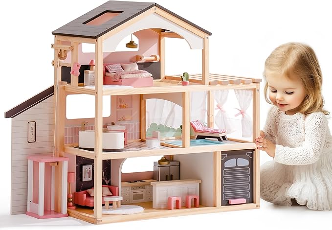 ROBOTIME Wooden Dollhouse, Doll House with 29 Pieces Furniture Set - Pool and Elevator, Wooden Doll House for 4, 5, 6-Inch Dolls, 6 Rooms Pink Dollhouse Gift for Kids Girls Ages 3+ (Black)