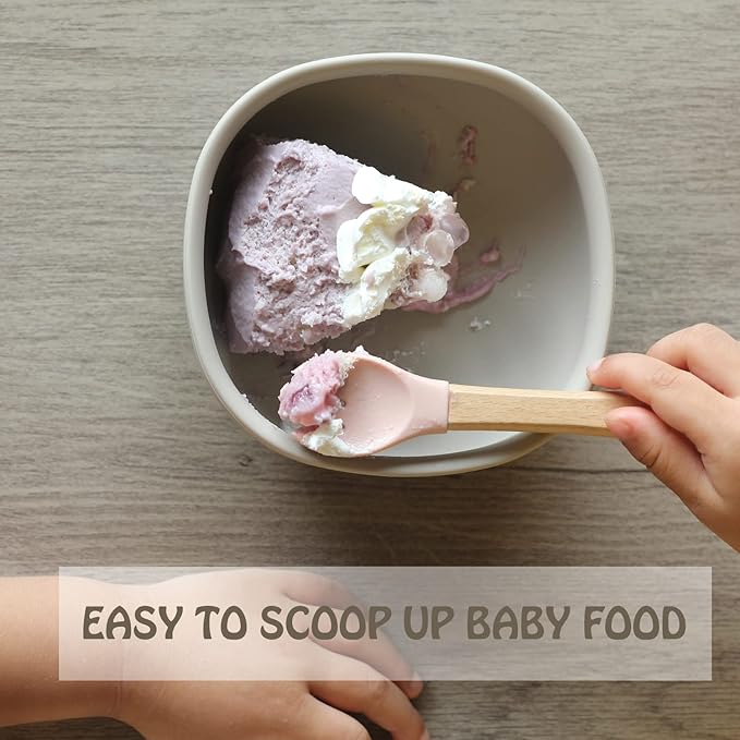 Ginbear Silicone Baby Spoons and Forks Self-feeding 12-18 Months, Soft Tip Baby Flatware Sets for Boy, Toddler Feeding Utensils for Child, 4 Piece Set (Gray/Blue)