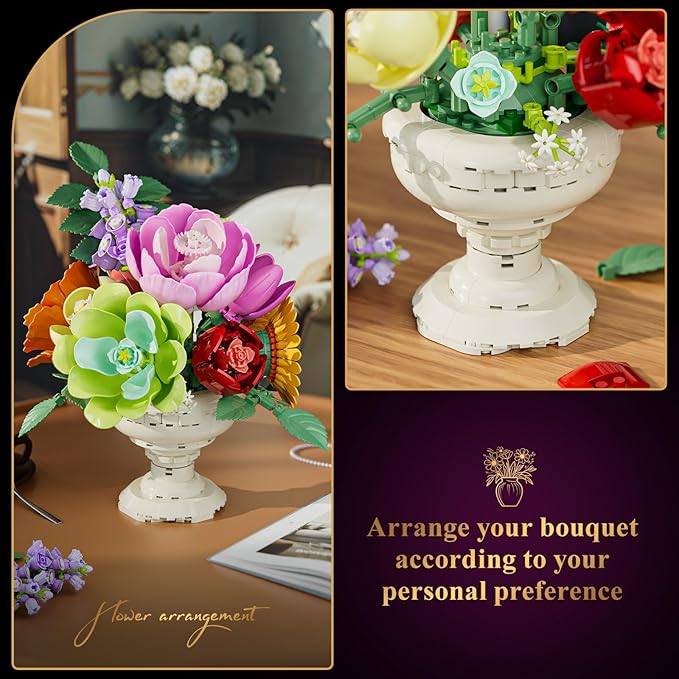 JAKI Artificial Flowers Arrangement Building Sets, 9.8in Botanicals Bouquet Building Kits with Unique Display Stand, for Home Decor, Wedding, Birthday Gift for Adults Girls 18+