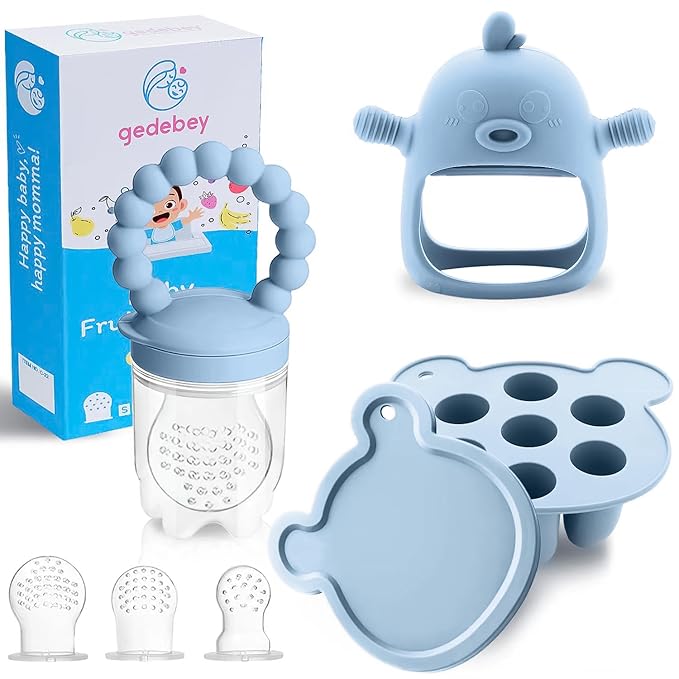 Baby Fruit Feeder & Breastmilk Popsicle Molds – 3-Pack Set with Freezer Tray, Teether Toy, Silicone Pacifier, and 3 Extra Mesh Sizes – (Sky Blue)