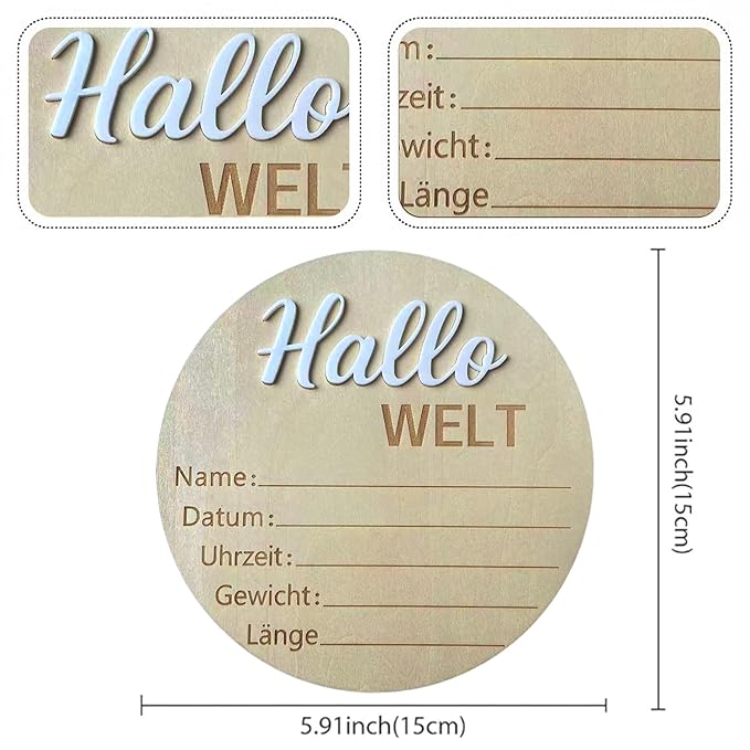 Baby Announcement Sign, 5.9 Inch Wooden Hello World Newborn Signs, "Hallo Welt" Decoration, Birth Announcement Sign, Welcome Newborn Arrival to World, Hospital Nursery for baby