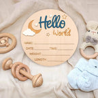 Baby Announcement Sign, 5.9 Inch Wooden Hello World Newborn Signs, Birth Announcement Sign and Pen, Moon and White Cloud Decoration, Welcome Newborn Arrival to World, Hospital Nursery for baby (Dark Blue)