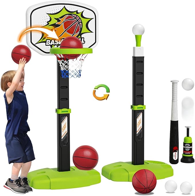 3 in 1 Toddler Basketball Hoop and Tee Ball Set for Boys: Kids Baseball Tee with Automatic Pitching Machine Adjustable Height Indoor and Outdoor Sports Toys Christmas Birthday Gifts for Boy Age 3-12
