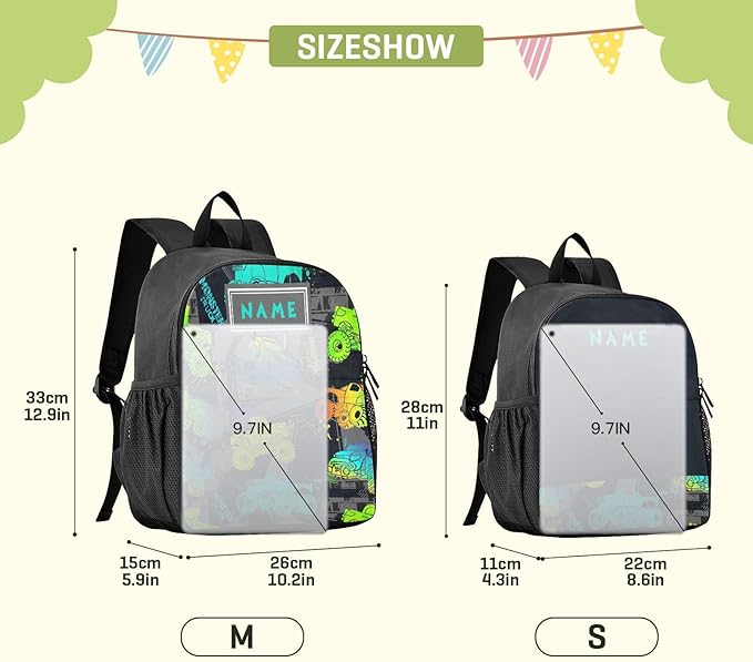 Toddler Backpack Colorful Monster Truck Waterproof Mini Backpack with Name/Text Preschool Backpack Cute Small Backpack Kindergarten Pre School Bags 11 Inch, Pattern 1