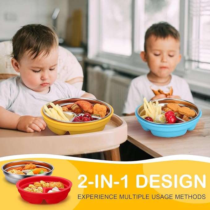Nuogo 2 Pcs Stainless Steel Baby Suction Plates with Removable Silicone Shell 2-in-1 Metal Toddler Bowl Divided for Picky Eaters Kids Feeding Led Weaning Supplies, Dishwasher Safe (Yellow,Blue)