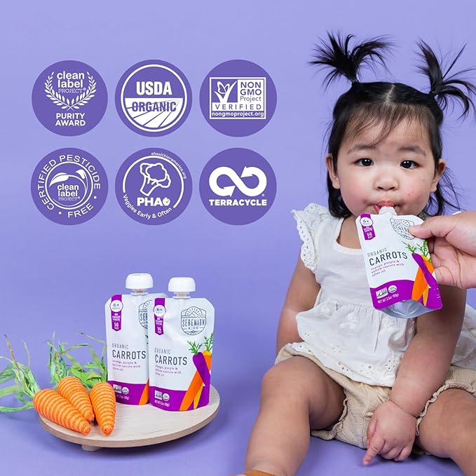Serenity Kids 6+ Months USDA Organic Veggie Puree Baby Food Pouches | No Sugary Fruits or Added Sugar | Allergen Free | 3.5 Ounce BPA-Free Pouch | Carrots | 1 Count