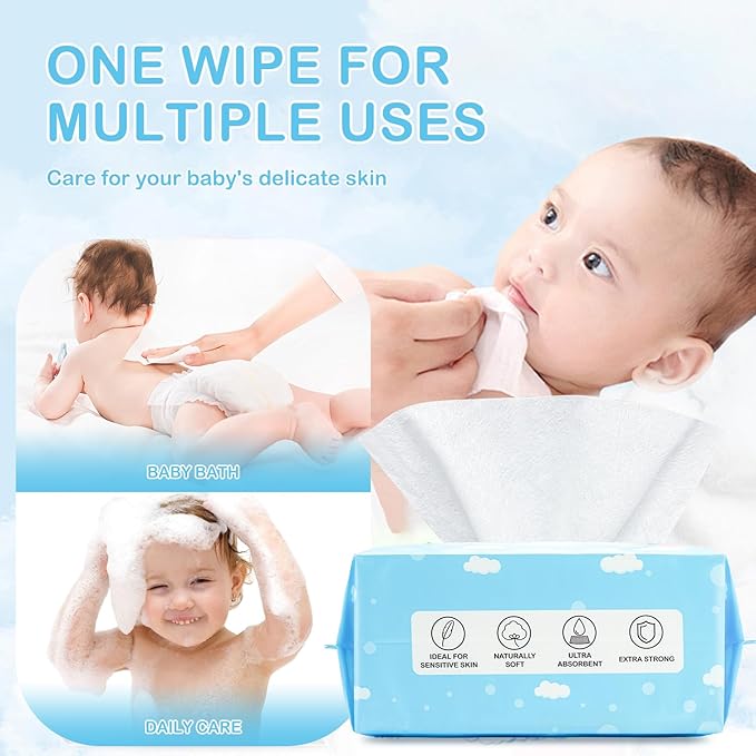 Dry Wipes - HAPPY BUM Baby Wipes, Large Baby Wipes, Wet and Dry Use, Unscented Tissues for Sensitive Skin (600 Count)