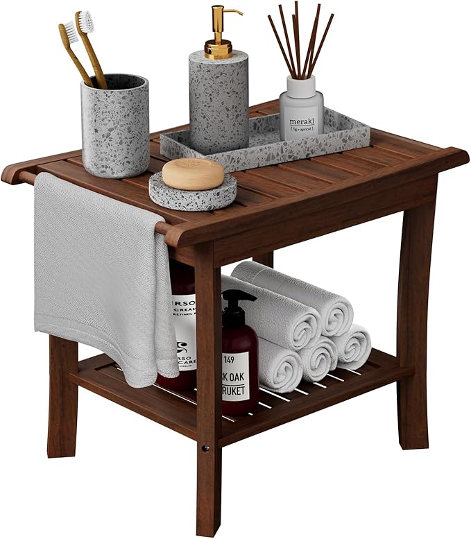 Teak Shower Bench with Shelf & Handle, 20 Inch Shower Stool for Standard Tubs & Showers, Non-Slip Waterproof Seat, Spa & Bathroom Storage Stool