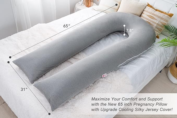 Meiz Pregnancy Pillow, Cooling Silky Pregnancy Pillows for Sleeping, 65" Full Body Maternity Pillow for Tall Pregnant Woman with Cooling Silk Jersey Cover, Grey
