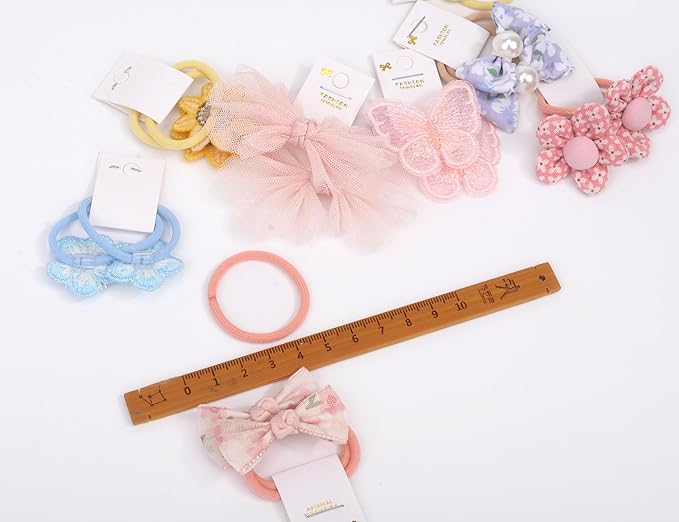 Boutique Baby Hair Accessories - 20 Pcs Elastics Hair Ties with Bows, 1.2 Inch Ponytail Holders for Pigtails & Rubber Bands for Little Girls (Set-C)