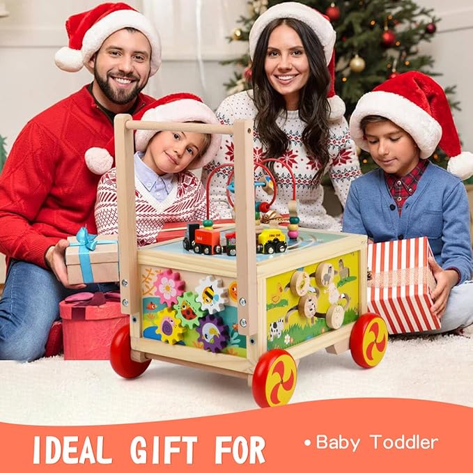 Wooden Activity Cube 7-in-1 Montessori Toys for 1+ Year Old Boys Girls Educational Learning Toys for Toddlers Age 1-2 One Year Old First Birthday Gift Bead Maze Magnetic Trains Track Shape Sorter