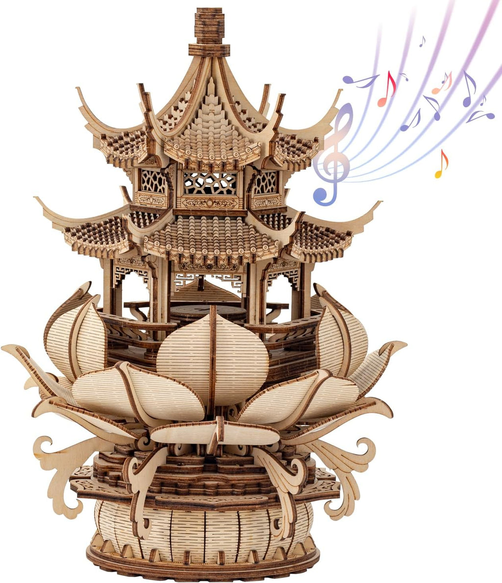 3D Puzzles for Adults, Wooden 3D Puzzle Model Lotus Pavilion Music Box Toys Building Kits, DIY Wood Crafts Cool Toy Hobbies for Men Women, Creative Assembly Gifts