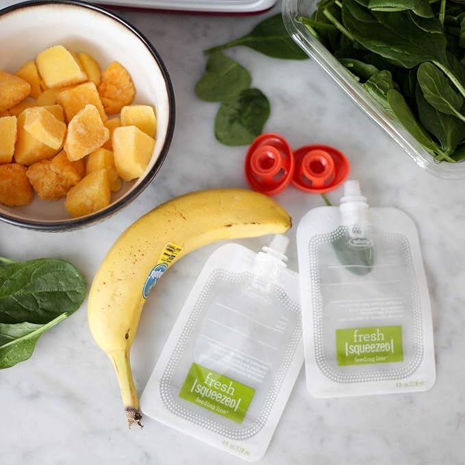 Infantino Squeeze Station, Baby Food Maker & Pouch Filler, Fill 3 Reusable Pouches at Once, Easy to Use, Dishwasher Safe, Homemade Baby Food Prep Essential, Purple