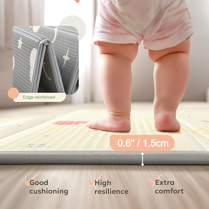 Extra Large Foldable Play Mat, Reversible Baby Play Mat with Edge Reinforcement, Non-Toxic & Waterproof Baby for Floor, Foam Playmat with Travel Bag, Rainbow, Cloud & Moon, 71"x59"