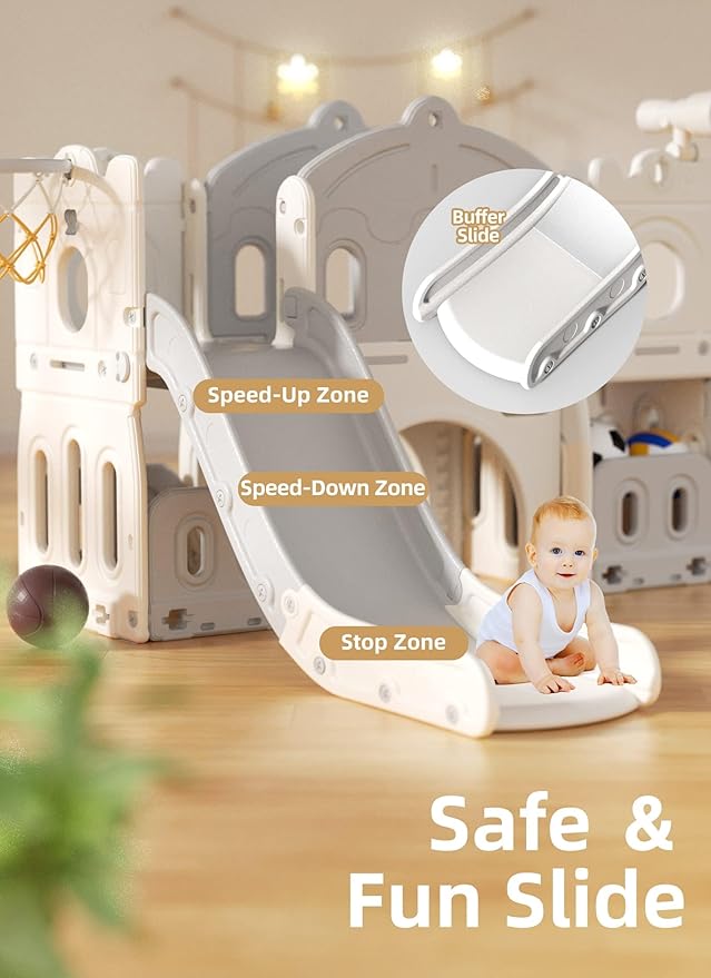 8 in 1 Toddler Slide Set, Kids Slide for Toddlers Age 1-3, Toddler Climber Slide PlaySet with Basketball Hoop,Outdoor Indoor Playground for Toddlers 1-3, White Gray