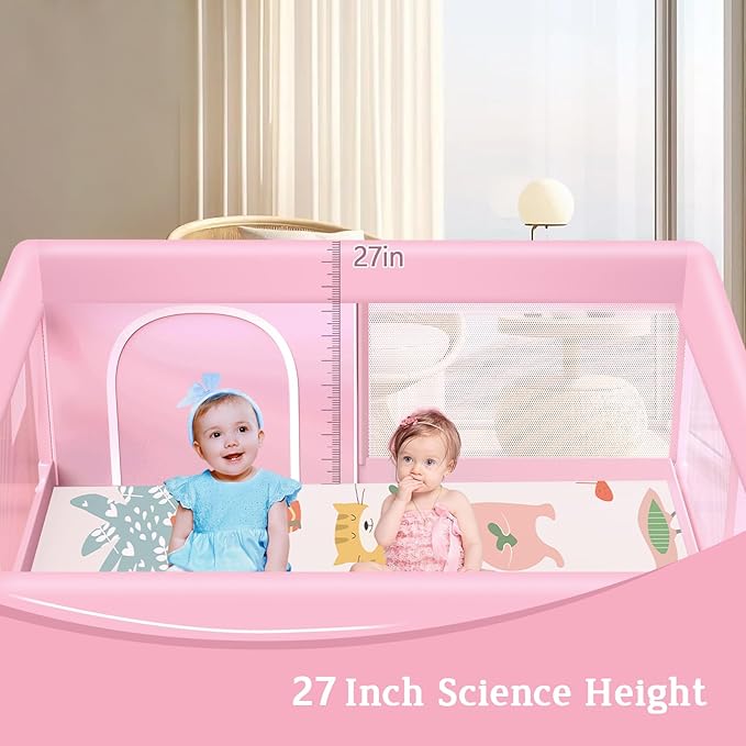 Pink Baby Playpen with Mat, 50x50 Inch Playpen with Mat Waterproof for Babies and Toddlers Play Pen for Girls Pink Playards Safety Gate Fence Active Center Indoor