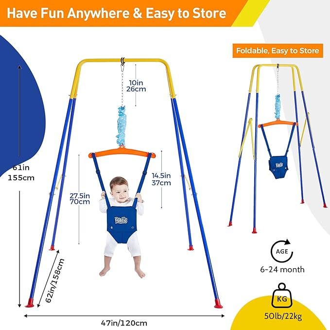 FUNLIO Baby Jumper with Stand for 6-24 Months, Infant Jumper for Indoor/Outdoor Play,Baby Bouncer for Baby Girl/Boy, with Adjustable Chain, Easy to Assemble & Store (with Stand) - Blue