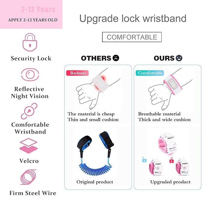Toddler Harness Walking Leash- Child Anti Lost Wrist Link - Child Safety Harness - Upgrade with Reflective(6.5ft) - for Boys and Girls,Not Easy to Open Without Key (Pink)