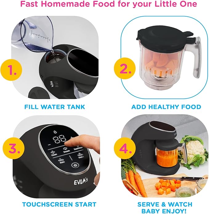 EVLA'S Baby Food Maker, Steamer, Blender, Baby Food Processor for Healthy Homemade Baby Food in Minutes, Touch Screen with 6 Reusable Food Pouches, Baby Registry Essential, Dark Grey