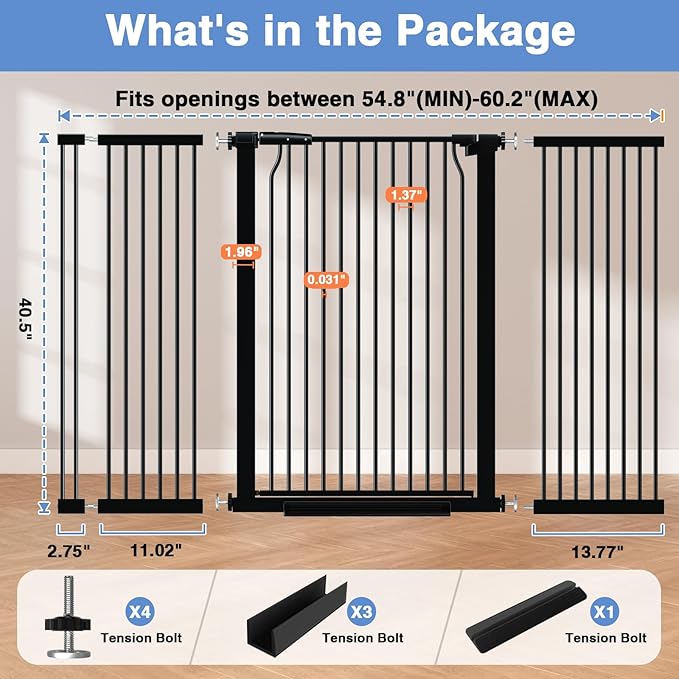 40.5" Extra Tall Baby Gate No Drill, 54.7"-60.2" Extra Wide Dog Pet Gate Indoor Outdoor, Safety Child Toddler Gate, Metal Tension Auto Close No Climb Fence Pet Cat Gate for Stairs, Black