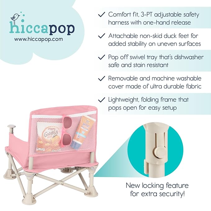 Hiccapop OmniBoost Travel Booster Seat with Tray for Baby | Folding Portable Baby Booster Seat for Dining Table, Camping, Beach, Grandma’s | Tip-Free Design Straps to Kitchen Chairs - Booster Chair