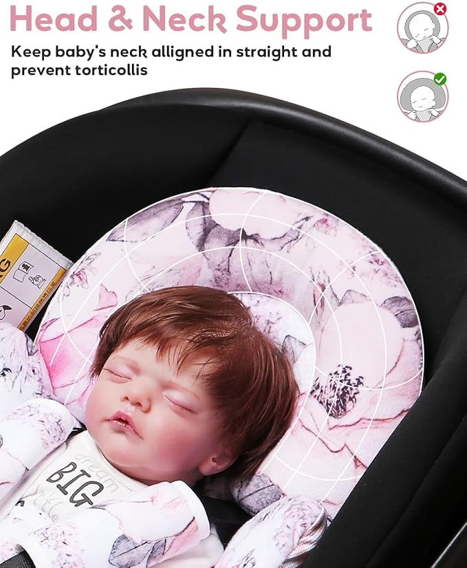 Infant Car Seat Insert, Enlarged Head Support for Baby Carseat, Reversible Newborn Insert with 3 Strap Covers, 2-in-1 Baby Car Seat Cushion for Stroller, Swing, Bouncer, Rocker - Pink Floral