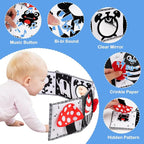 Black and White High Contrast Toys for Baby 0-3 3-6 Months Infant Tummy Time Soft Book Sensory Musical Toy 0-2-4-6 Month Babies Brain Development Montessori Crinkle Book Mirror Newborn Shower Gifts