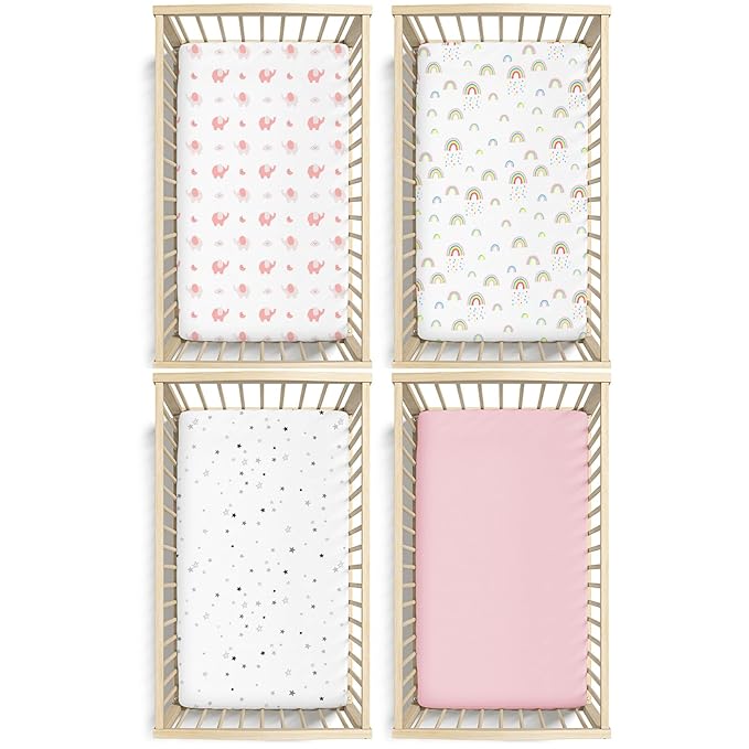 Plushii Crib Sheets for Baby Girls 4 Pack, 28"x 52" Extra Soft Microfiber Crib Sheet Set for Standard Crib & Toddler Mattress Pad, Rainbow & Elephant & Stars & Pink
