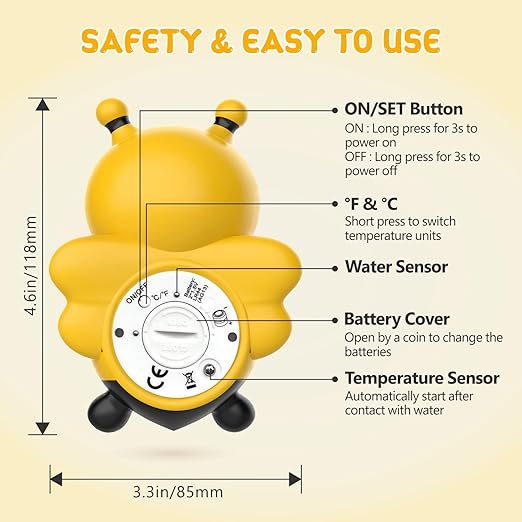 Baby Bath Thermometer, Digital Water Temperature Thermometer with 3 Color Backlit and Temperature Warning, Safety Bath Tube Thermometers Floating Toy for Infant, Toddler（Bee）