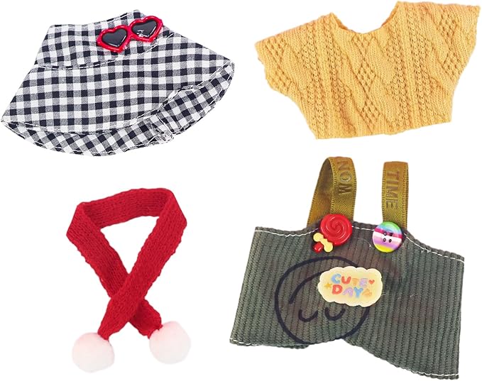 Doll Clothes Set for 17cm Dolls – Plaid Hat, Red Scarf, Yellow T-Shirt & Candy Bib Pants for 15 cm Mini Doll Stylish Outfits Accessories (No Doll & Shoes)