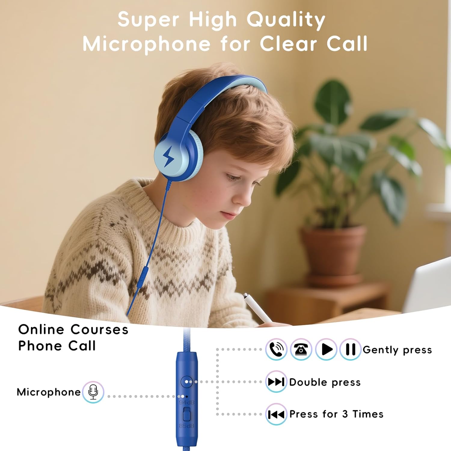 Kids Wired Headphones for Kids with Microphone, 85/94dB Volume Limiter Headphones for Girls Boys, Light Blue