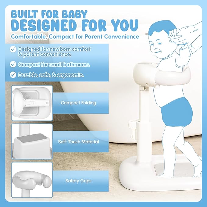 Baby Bath Adjustable Shower Stand with Stool- Secure Infant & Toddler Bath Support, Non-Slip Stool & Foldable Stand
