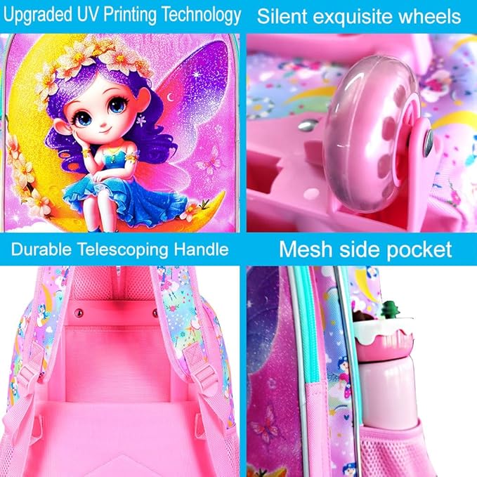 Girls Rolling Backpack, Cute Moon Fairy Roller Wheels Kids Bookbag - Wheeled Elementary School Bag - 3PCS Moon Fairy