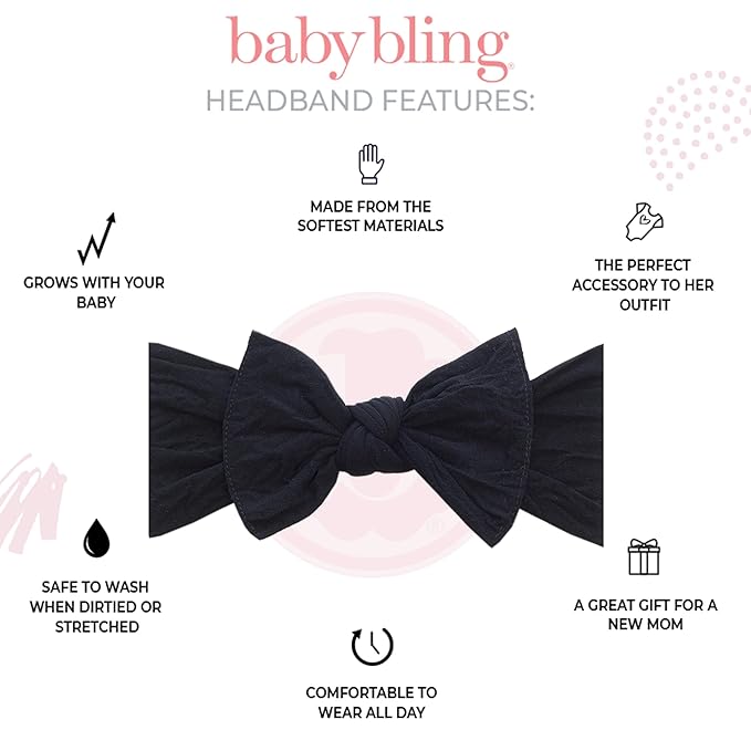 Baby Bling Bows - Newborn to Little Baby Girl Bows, 3PK CLASSIC KNOT Nylon Super Soft Stretchy Toddler Headbands, Perfect Hair Accessories Head Bands for Infant Kids, Made in the USA
