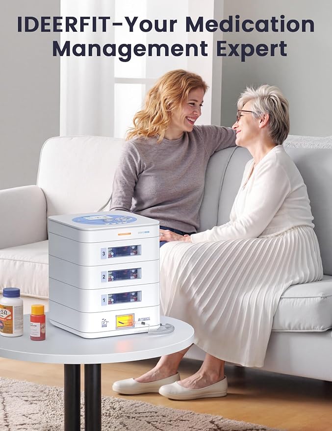 42-Day Automatic Pill Dispenser – App & On-Device Setup by Family, LCD Display, Digital Lock, Sound & Light Alerts – Safe Medication Organizer Management for Seniors (3-Tray, White)