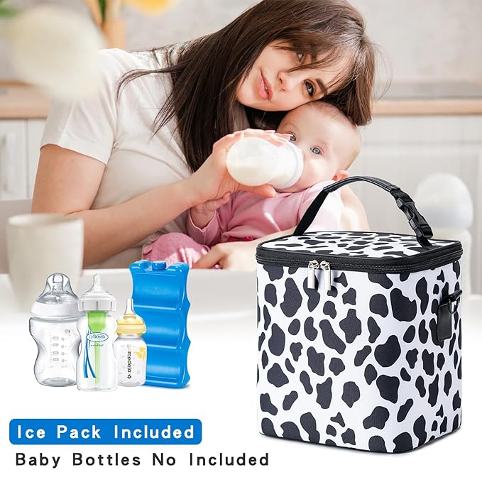 Breastmilk Cooler Bag with Ice Pack Fits 6 Baby Bottles Up to 9 Ounce, Baby Bottle Bag with Shoulder Strap for Nursing Mom Daycare, Cow