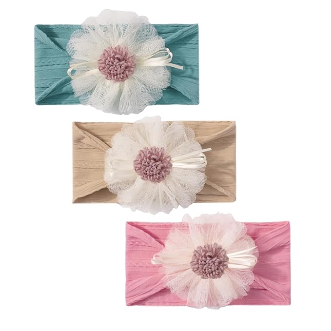 Baby Girls Sunflower Headbands, 3 Pack Baby Hairband Hair Bows Lace and Stretchy Elastic Accessory for Newborn Infants Toddlers (Brown+Dark Blue+Candy Pink, One Size(Stretchy))